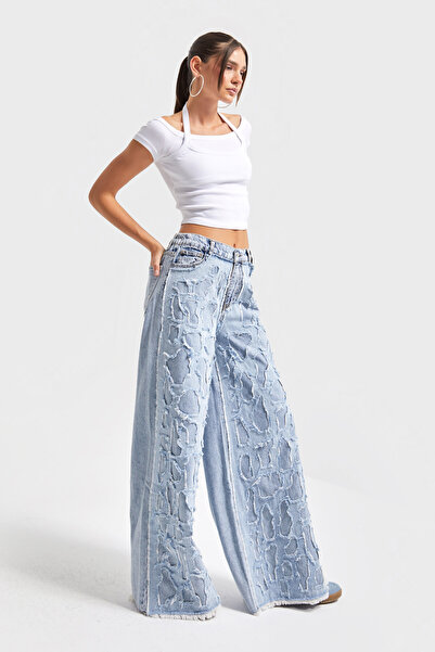its basic Women's Ice Denim Color Fabric with Distressed Detail Special Design Palazzo Fit 100% Cotton Denim Jean