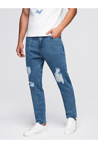 OMBRE Ανδρικό τζιν παντελόνι CARROT FIT με λάστιχο στο πλάι - μπλε V2 OM-PADP-0250 XL