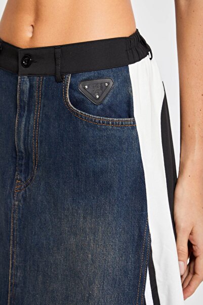 its basic Kadın Kot Rengi Parçalı Kumaş A Tipi Kesim Şerit Detaylı Özel Tasarım Etek