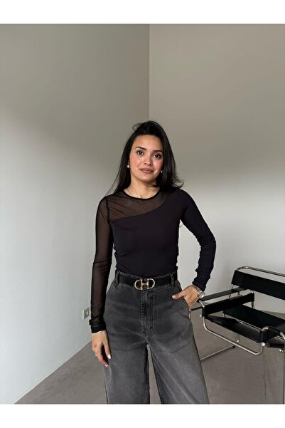 Bade Butik Μαύρη ασύμμετρη μπλούζα από τούλι με λεπτομέρειες