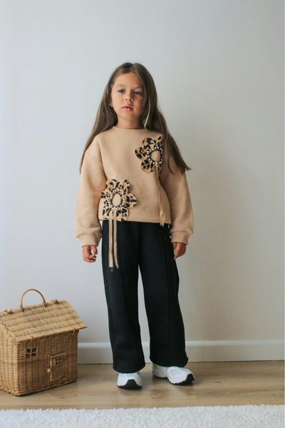 NURTOPU Girl's Tracksuit Set with 3-Thread Ribbed Top and Bottom, Winter Thick Lycra Floral Patterned