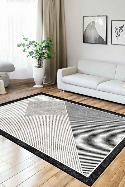 Decomia Home Covor digital anti-alunecare, lavabil, negru, crem, pentru sufragerie, covor de bucătărie, covor de podea