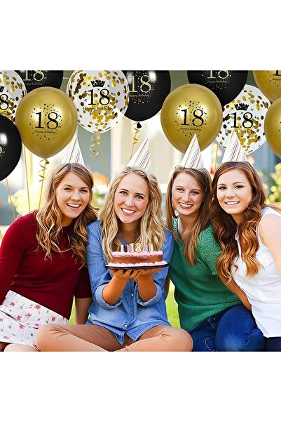 Flippy Set of 18 Latex Balloons, Metallic, Happy Birthday 18, 30 cm, with Confetti, Gold/Black