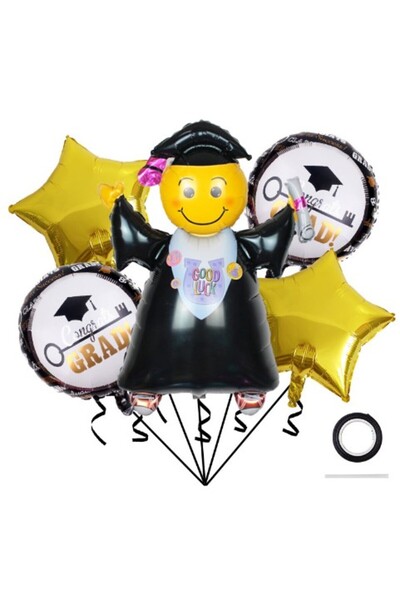 Teo Graduation themed balloons, set of 5 balloons, 1 Graduate Figurine, 2 stars, 2 rounds, from