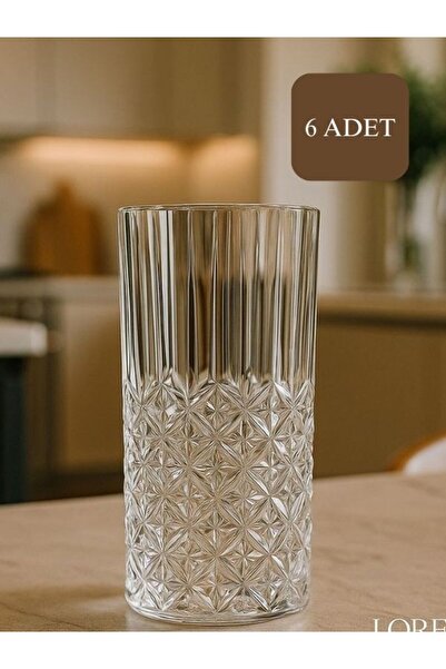 isra kristal Kristal İşlemeli Uzun Cam Meşrubat Bardakları 6 Adet - Şık Desen...