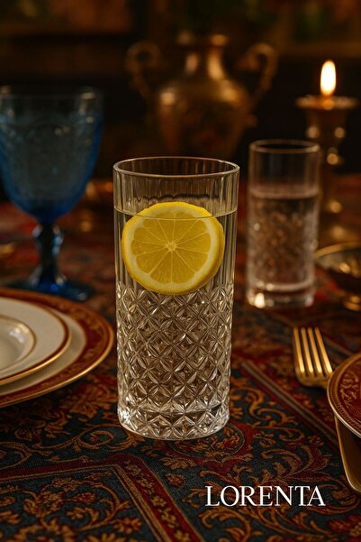 isra kristal Crystal Embroidered Tall Glass Soft Drink Glasses 6 Pieces - Stylish Patterned Water and Beverage Glasses