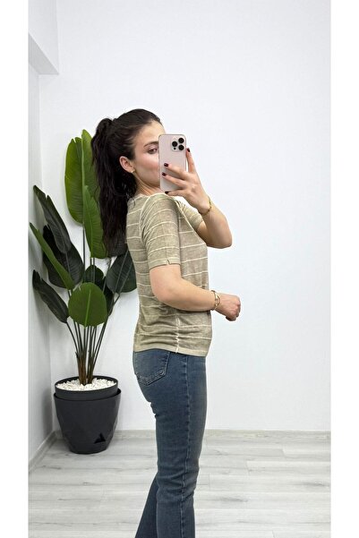 TUNAM BUTİK 1325 Crew Neck Short Sleeve Knitwear with Side Stripe Detail Khaki