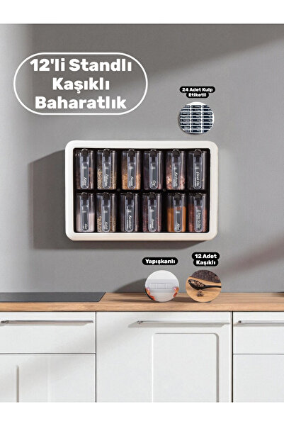 Buclee 12'li Stantlı Kaşıklı Kendinden Yapışkanlı Baharatlık Seti Baharat Takımı