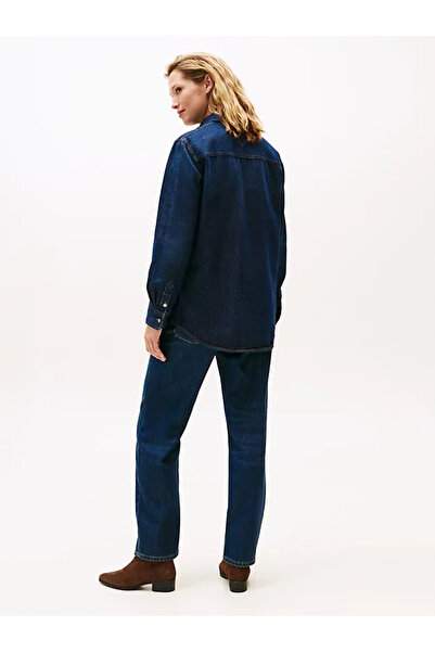 Tommy Hilfiger Kadın Normal Kalıp Uzun Kollu Pamuklu Denim Lacivert Gömlek WW0WW47453-1BK