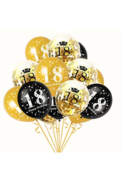 Flippy Set of 18 Latex Balloons, Metallic, Happy Birthday 18, 30 cm, with Confetti, Gold/Black