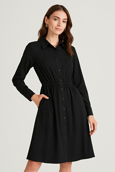 Rich Γυναικείο μαύρο μακρυμάνικο μίντι φόρεμα με κουμπιά