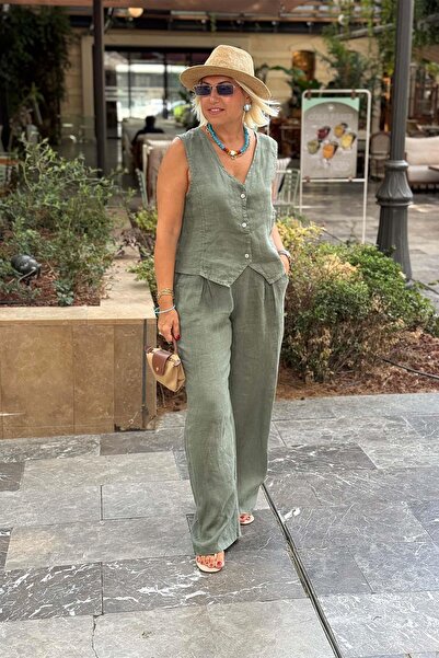 By Esra Celkan Khaki Imported Cotton Linen Vest Pants Set