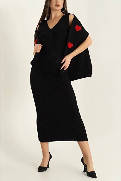 Giyimsel Women's Knitwear Hearted Jilet Dress Sweater Set