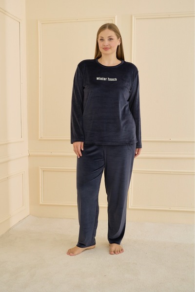 MEBA Kadın Kadife Yazı Baskılı Büyük Beden Pijama Takımı