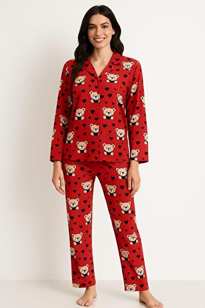 Pemilo Women's 6444 Front Buttoned Suede Long Sleeve Pajama Set Red