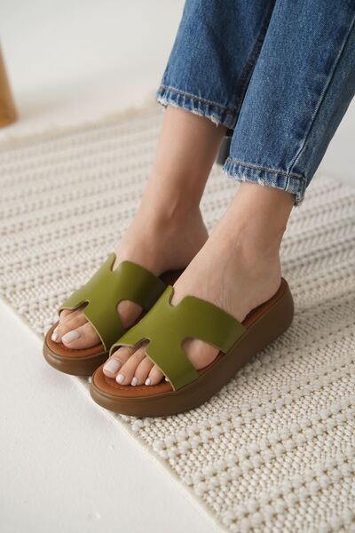 ripuvainen Elvish Women's Lightweight Comfortable Summer Genuine Leather Slippers - Khaki Green