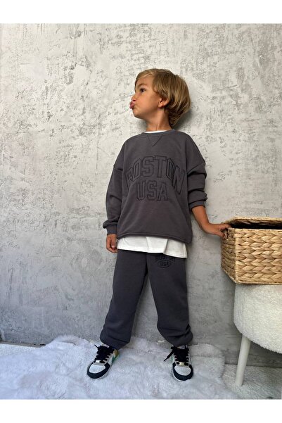 ibeeka Boy's 3-Thread Tracksuit Set with Slogan Text Detail