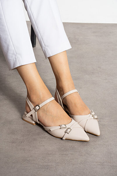 Güllü Shoes Cream Matte Ankle Strap Double Silver Buckle Pointed Toe Low Heel Women's Ballet Shoes