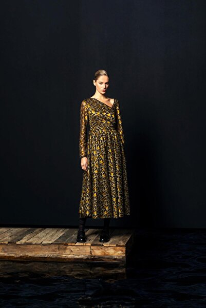 KAMEYA ASİMETRİK YAKA DESENLİ ELBİSE 26W40836