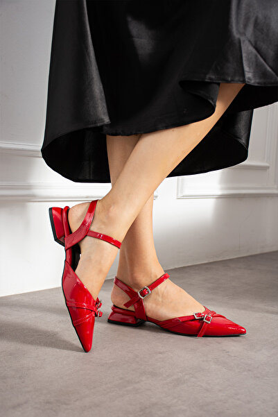 Güllü Shoes Red Patent Leather Ankle Strap Double Silver Buckle Pointed Toe Low Heel Women's Ballet Shoes