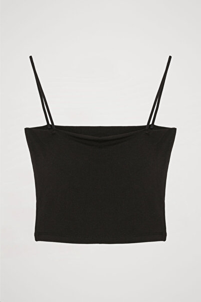 Quzu Basic Crop Tank Top with Rope Strap Black