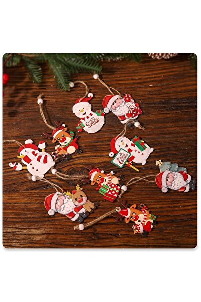 Flippy Set of 9 Wooden Christmas Ornaments with Hanging String — Santa, Reindeer & Gifts, Multicol