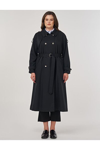 Kayra Şömizye Yaka Trençkot Siyah