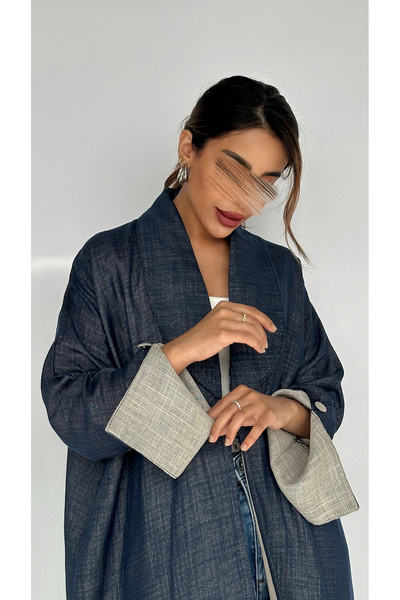 outline Navy blue linen abaya lined with beige