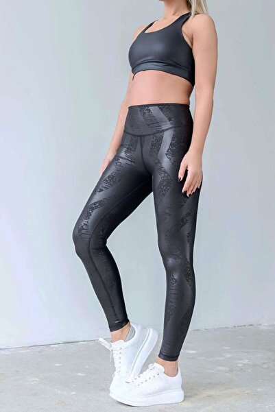 Alışveriş Sokağı Slim Fit Patterned Leather Look Recovery Black Sports Leggings