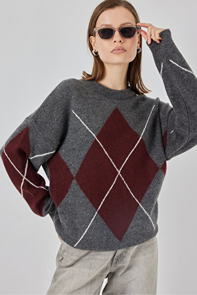 Bigdart 15895 Pulover tricotat supradimensionat cu model de diamante - K. Antracit