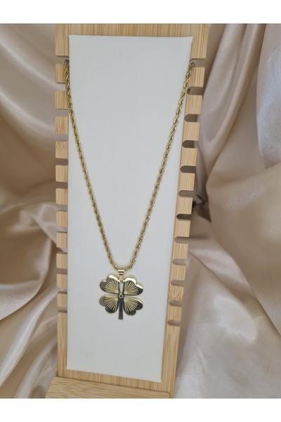 ZEYM COLLECTION LuckySteel – Siyah Detaylı Dört Yapraklı Yonca Çelik Kolye