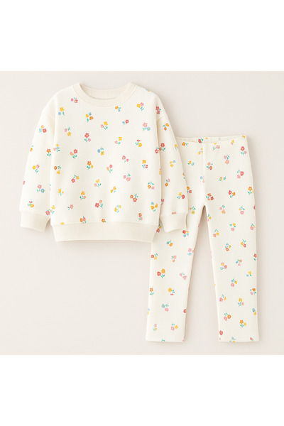 Lolliboomkids Girl's Floral - Leopard Detailed 3 Thread Bottom Top Set Sweatshirt + Leggings