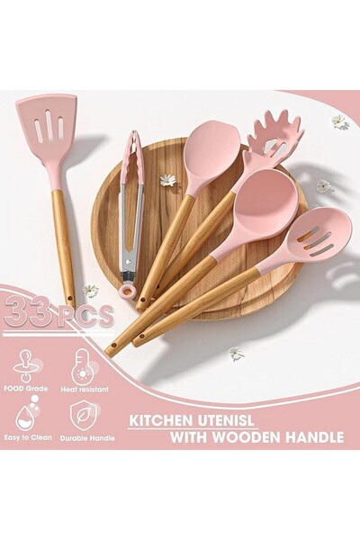 LVEON Set of 33 non-stick silicone cooking utensils, with stand, wooden handle, pink,
