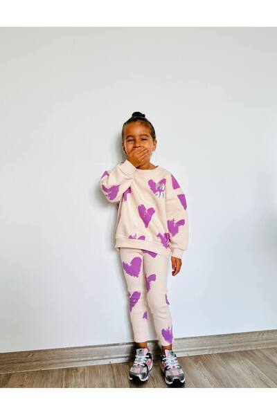 Lolliboomkids Kız Çocuk Çiçek - Leopar Detaylı 3 İplik Alt Üst Takım Sweatshirt + Tayt