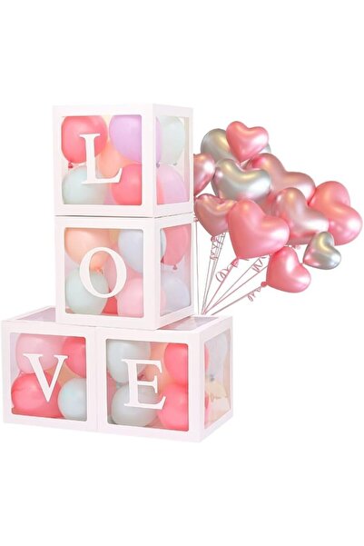 Flippy Set of 4 Balloon Boxes - "Love" Design, Love Theme, Decorative Plastic Cubes, 30 x 30 cm, Tra