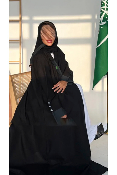 outline Luxurious black abaya with wide sleeves and olive details