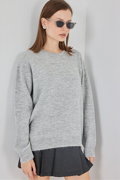 Bigdart 15895 Kadın Oversize Triko Kazak - Düz Gri