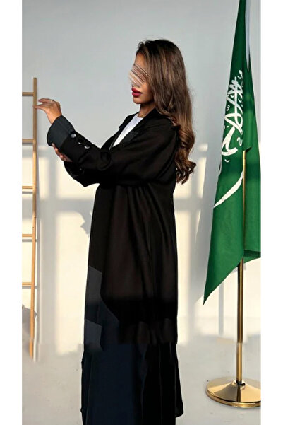 outline Luxurious black abaya with wide sleeves and olive details