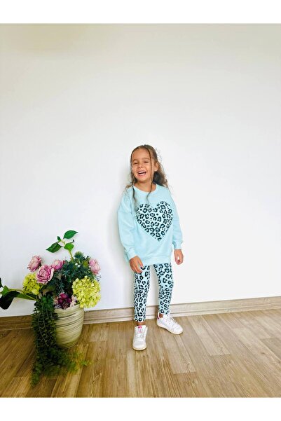 Lolliboomkids Girl's Floral - Leopard Detailed 3 Thread Bottom Top Set Sweatshirt + Leggings
