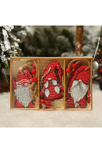 Flippy Set of 9 Wooden Christmas Decorations with Hanging String, Santa Model, Mixed Sizes, Red