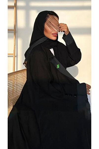 outline Luxurious black abaya with wide sleeves and olive details