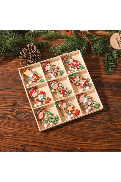 Flippy Set of 18 Wooden Christmas Ornaments with Hanging String, Elf Designs, Multicolor