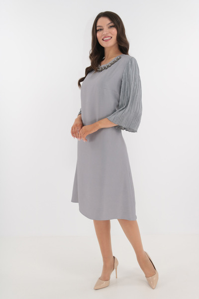 Vanessa Line RO Gray formal dress with pleated sleeves