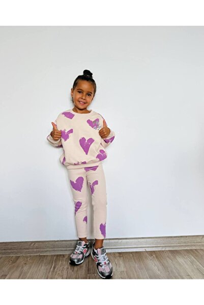Lolliboomkids Kız Çocuk Çiçek - Leopar Detaylı 3 İplik Alt Üst Takım Sweatshirt + Tayt