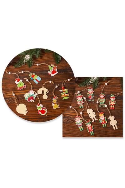 Flippy Set of 18 Wooden Christmas Ornaments with Hanging String, Elf Designs, Multicolor