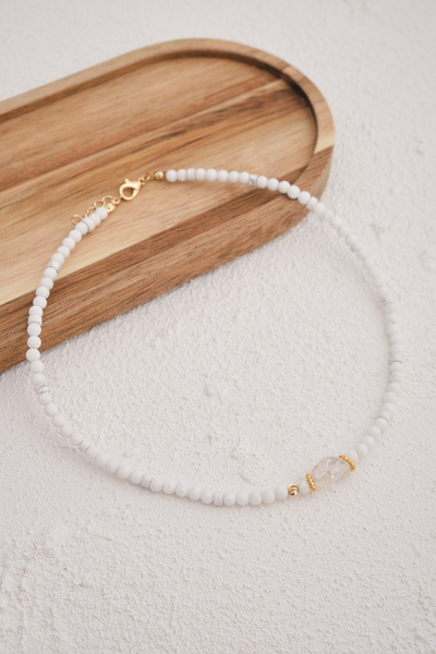 ByFlorya Jewelry Beyaz Kuvars Doğal Taş Kolye 40cm+5cm El İşi Özel Yapım Gerç...