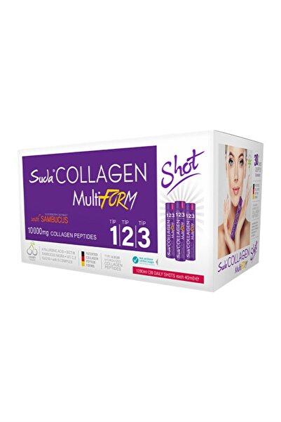 Suda Collagen مكمل غذائي متعدد الأشكال من سامبوكوس 10000 ملغ يحتوي على الكولاجين + فيتامينات C، E، B5، B6، Q10، البيوتين، وحمض الهيالورونيك |   40 مل × 30