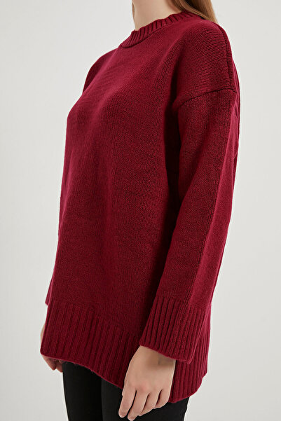 Arma Life Women's Crew Neck Loose Basic Burgundy Oversize Sweater