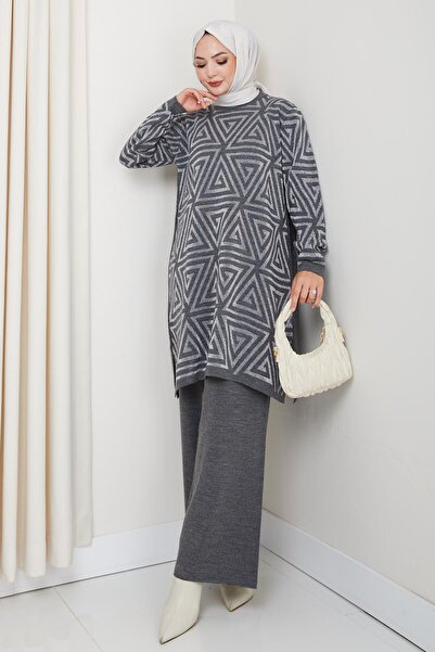 BisuModa Silvery Triangle Patterned Knitwear Trousers Tunic Set