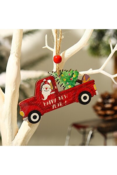 Flippy Wooden Christmas Ornament with Hanging Cord, Santa's Car, 'Happy New Year', 8x8x0.4 cm, Multi